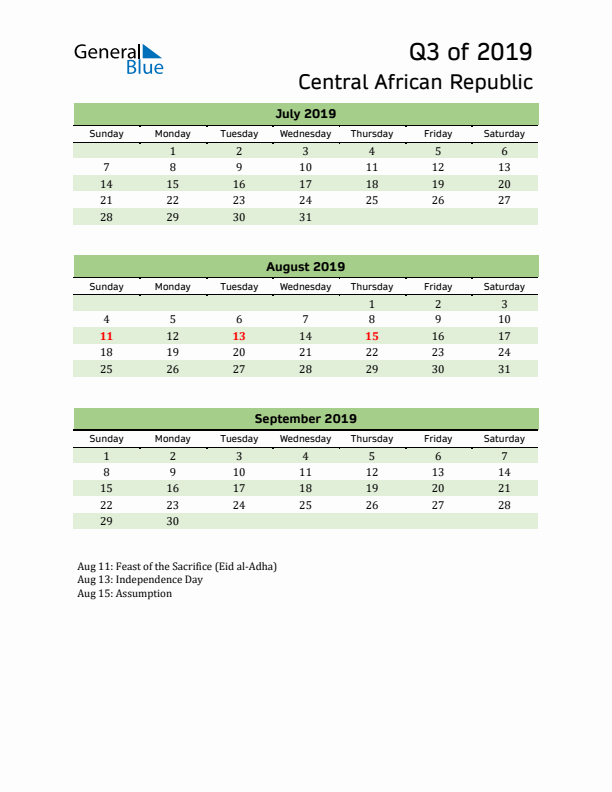 Quarterly Calendar 2019 with Central African Republic Holidays