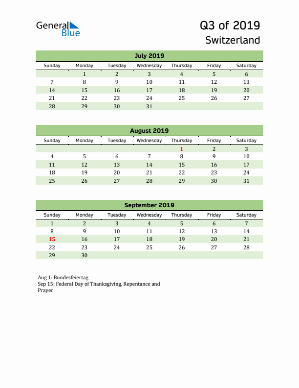 Quarterly Calendar 2019 with Switzerland Holidays