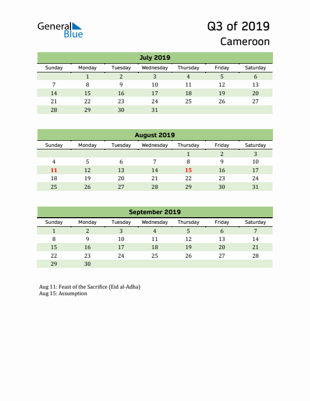 Quarterly Calendar 2019 with Cameroon Holidays