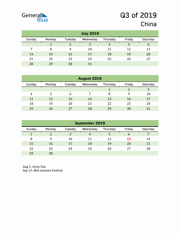 Quarterly Calendar 2019 with China Holidays