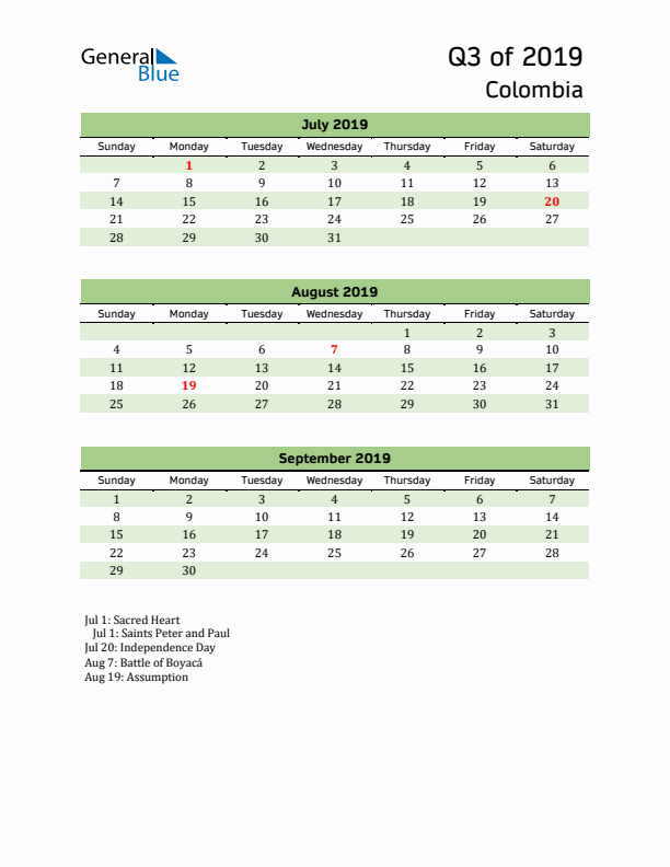 Quarterly Calendar 2019 with Colombia Holidays