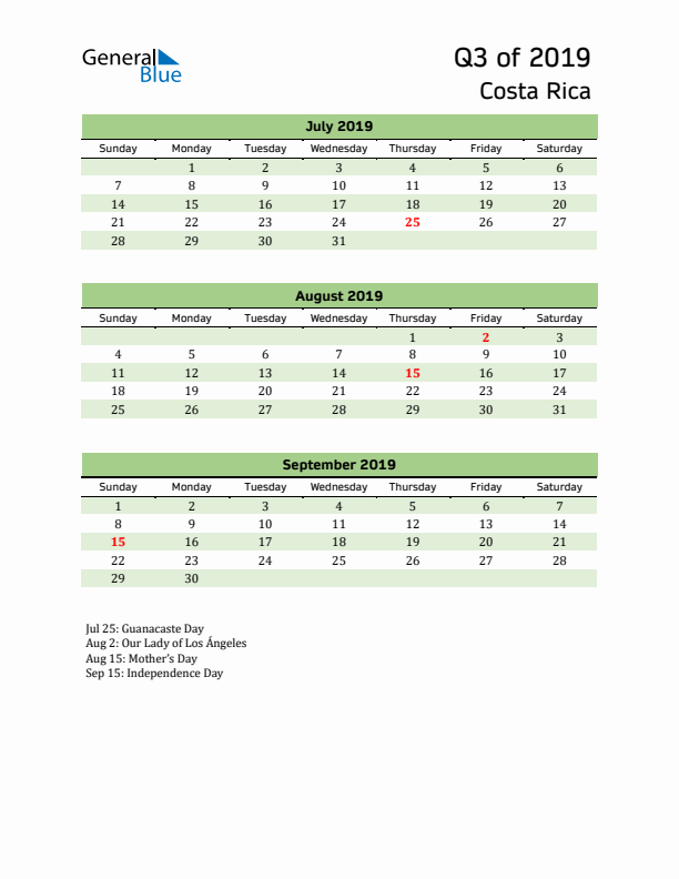 Quarterly Calendar 2019 with Costa Rica Holidays