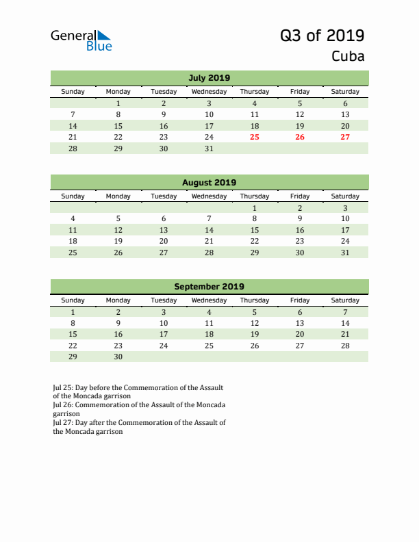 Quarterly Calendar 2019 with Cuba Holidays