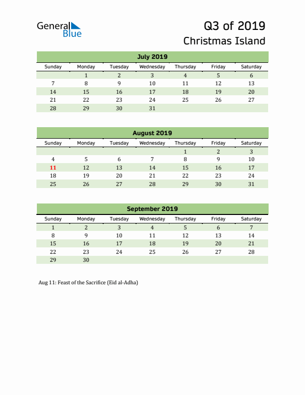 Quarterly Calendar 2019 with Christmas Island Holidays