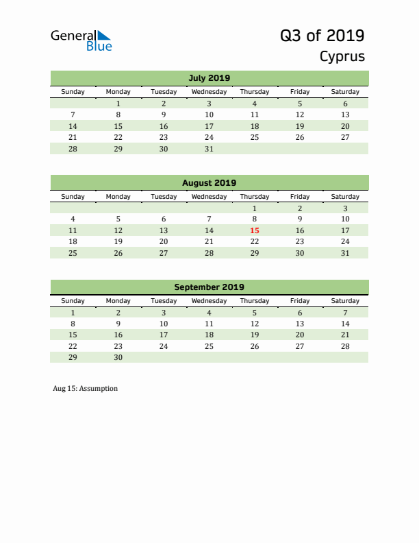 Quarterly Calendar 2019 with Cyprus Holidays