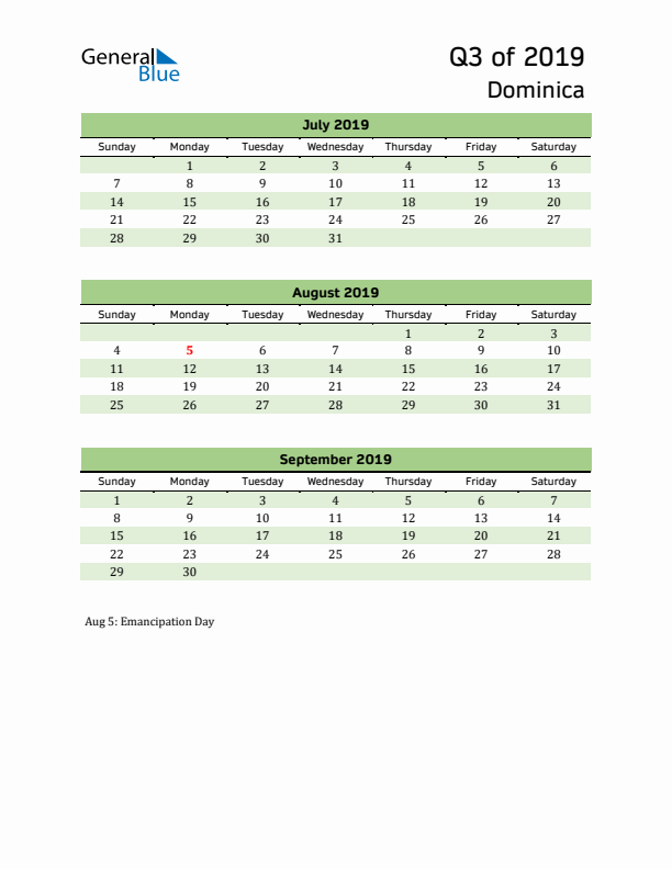 Quarterly Calendar 2019 with Dominica Holidays