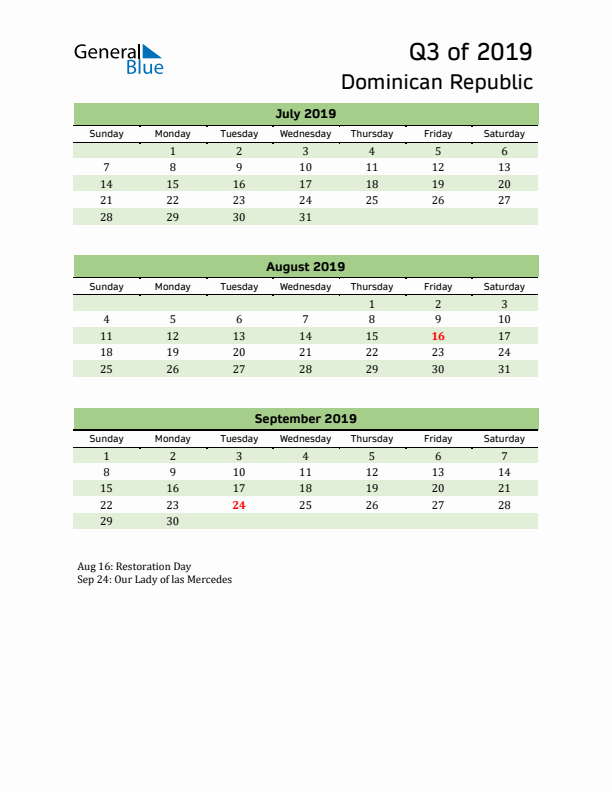 Quarterly Calendar 2019 with Dominican Republic Holidays