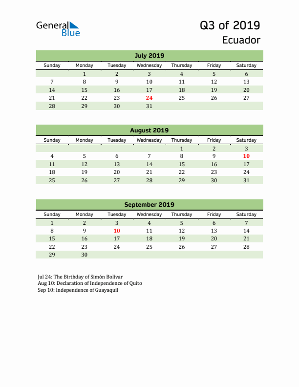 Quarterly Calendar 2019 with Ecuador Holidays