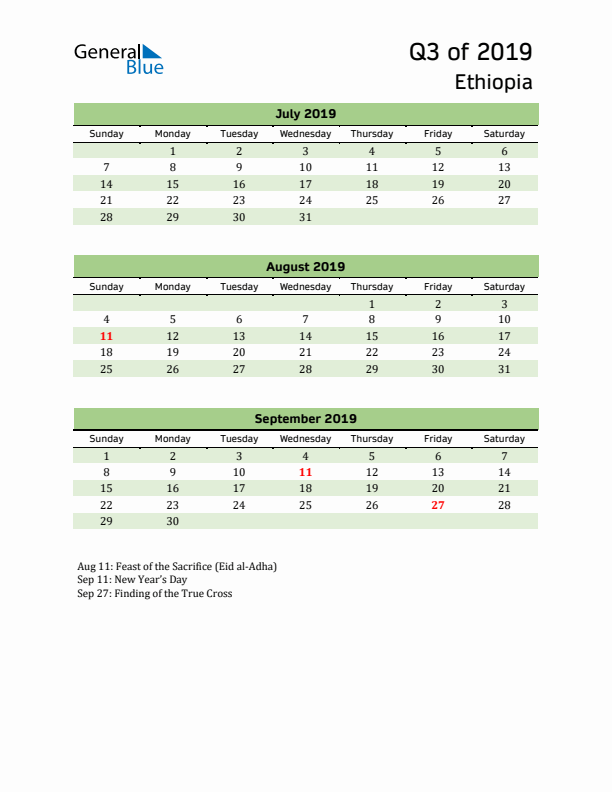 Quarterly Calendar 2019 with Ethiopia Holidays