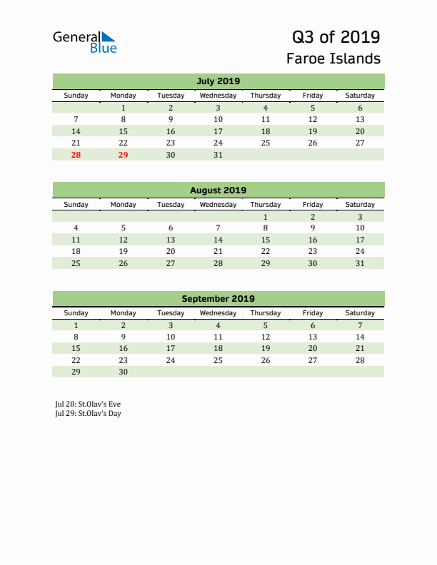 Quarterly Calendar 2019 with Faroe Islands Holidays