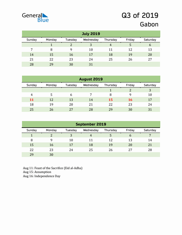 Quarterly Calendar 2019 with Gabon Holidays