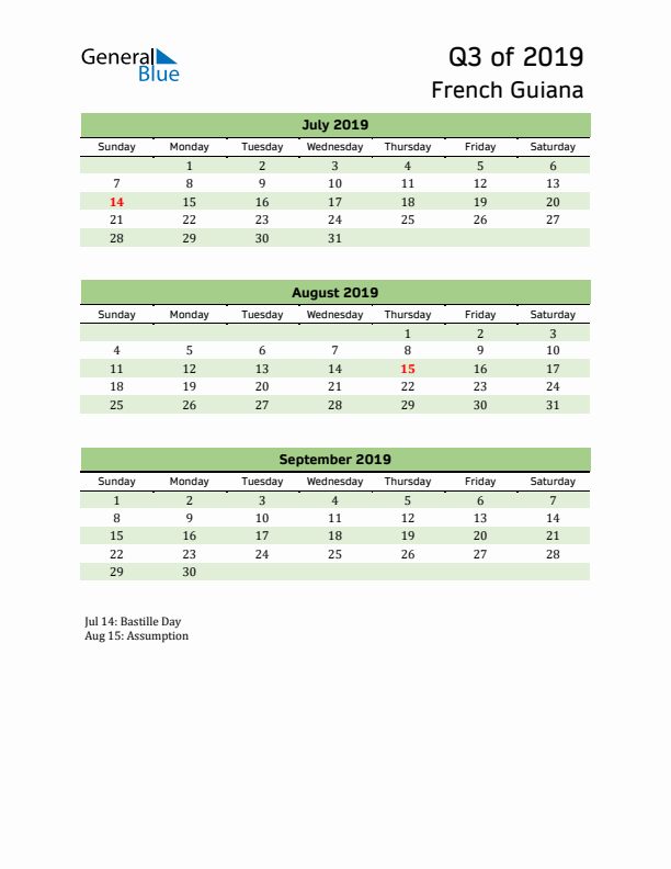 Quarterly Calendar 2019 with French Guiana Holidays