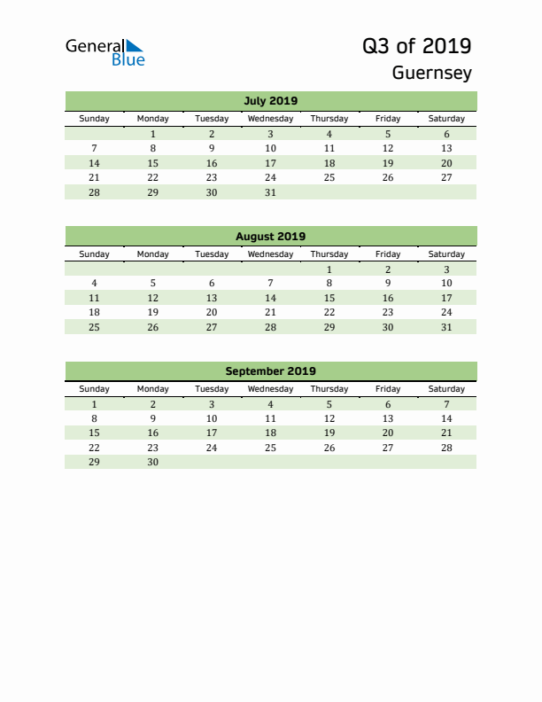 Quarterly Calendar 2019 with Guernsey Holidays