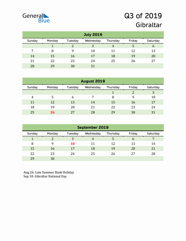 Quarterly Calendar 2019 with Gibraltar Holidays