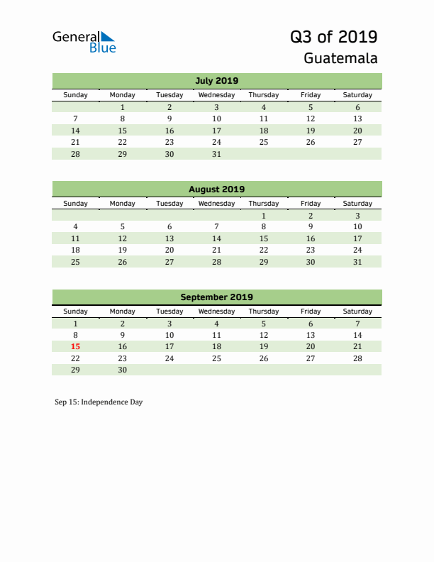 Quarterly Calendar 2019 with Guatemala Holidays