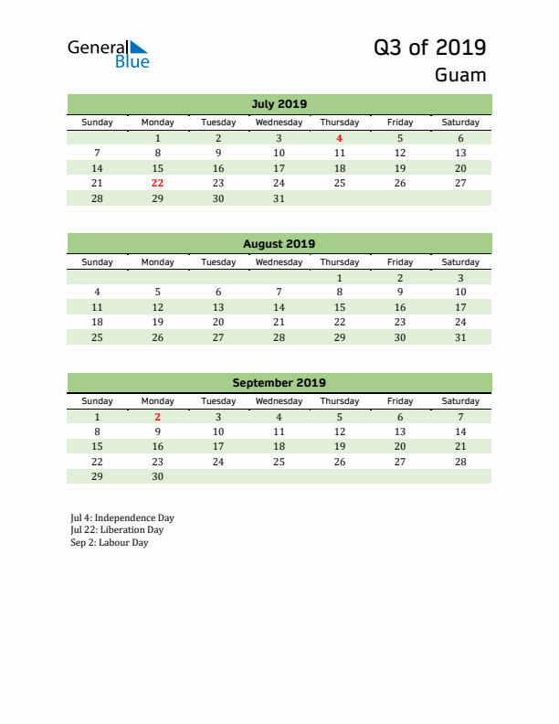 Quarterly Calendar 2019 with Guam Holidays