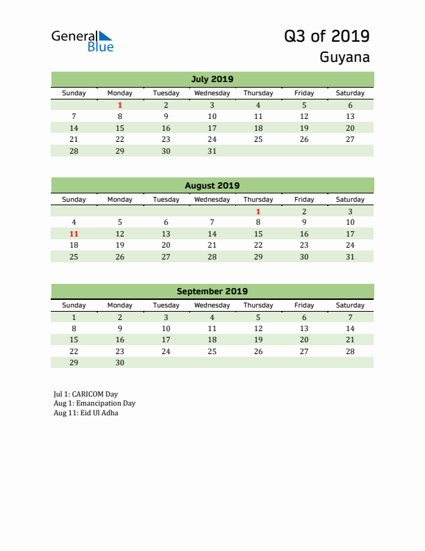 Quarterly Calendar 2019 with Guyana Holidays