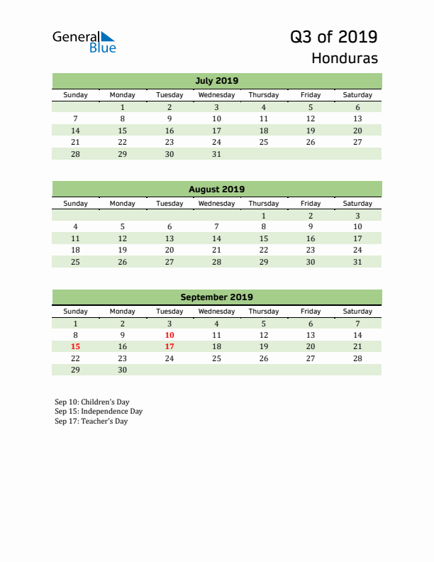 Quarterly Calendar 2019 with Honduras Holidays