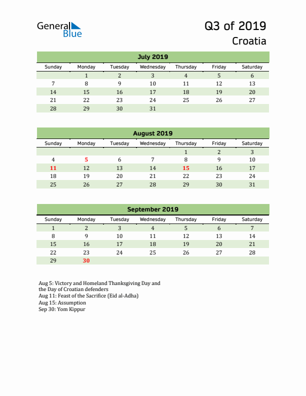 Quarterly Calendar 2019 with Croatia Holidays