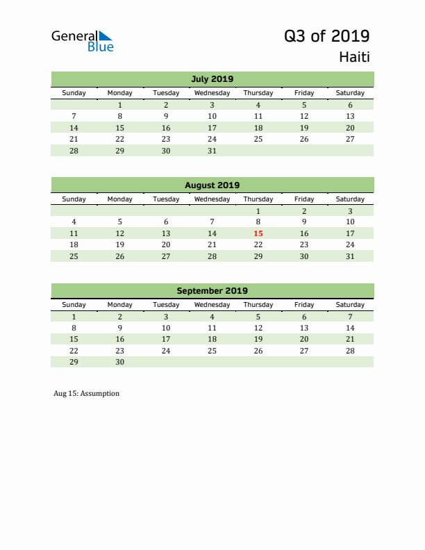 Quarterly Calendar 2019 with Haiti Holidays