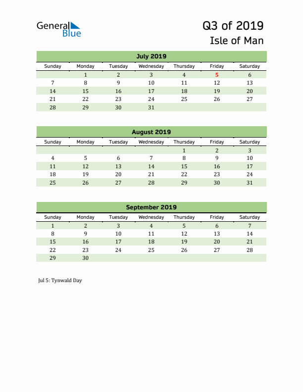 Quarterly Calendar 2019 with Isle of Man Holidays