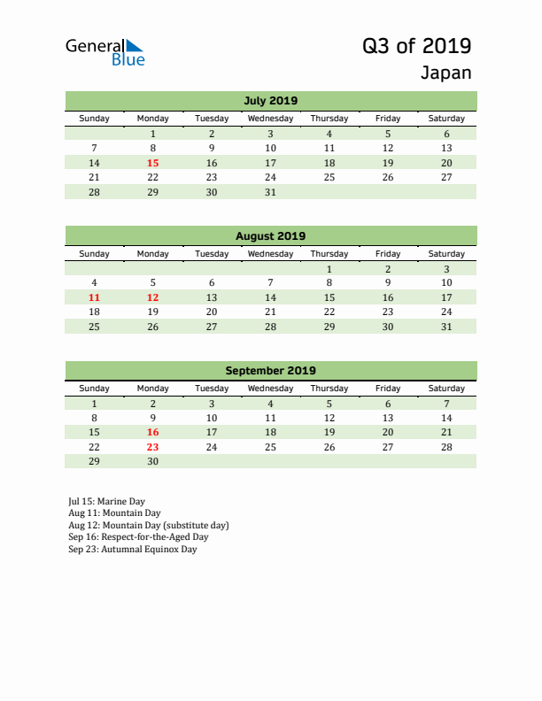 Quarterly Calendar 2019 with Japan Holidays