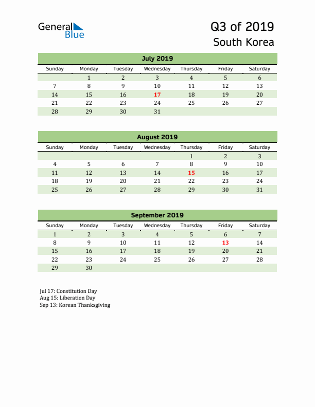 Quarterly Calendar 2019 with South Korea Holidays