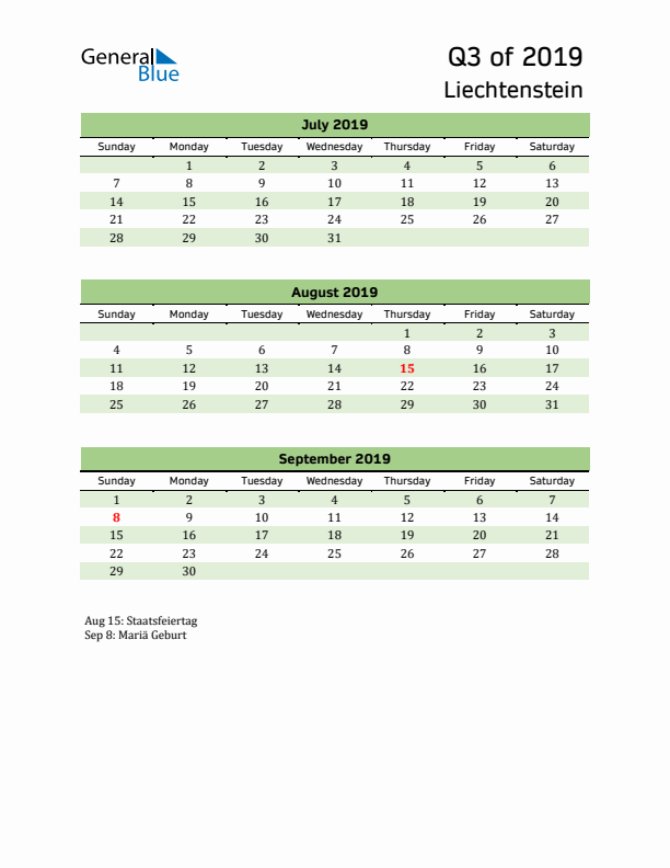 Quarterly Calendar 2019 with Liechtenstein Holidays