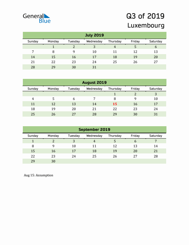 Quarterly Calendar 2019 with Luxembourg Holidays