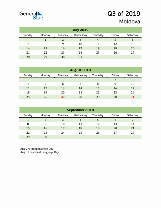 Quarterly Calendar 2019 with Moldova Holidays