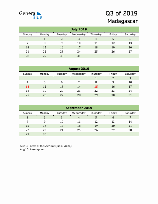 Quarterly Calendar 2019 with Madagascar Holidays