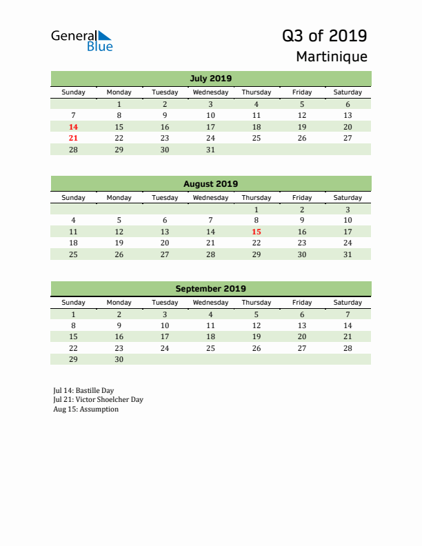 Quarterly Calendar 2019 with Martinique Holidays