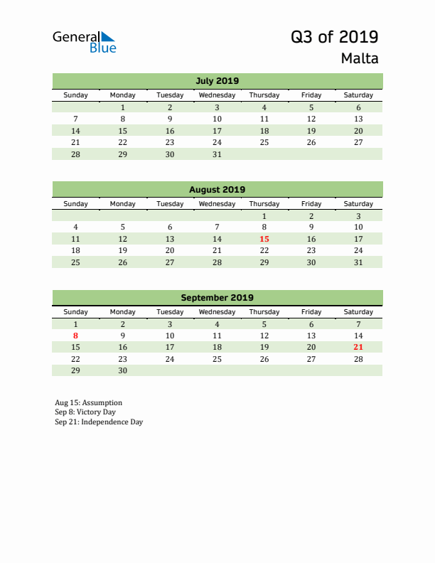 Quarterly Calendar 2019 with Malta Holidays