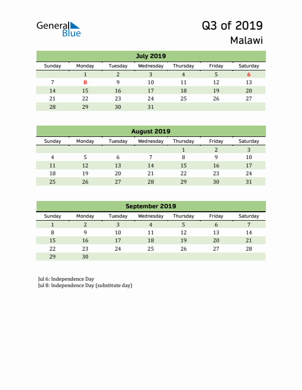 Quarterly Calendar 2019 with Malawi Holidays