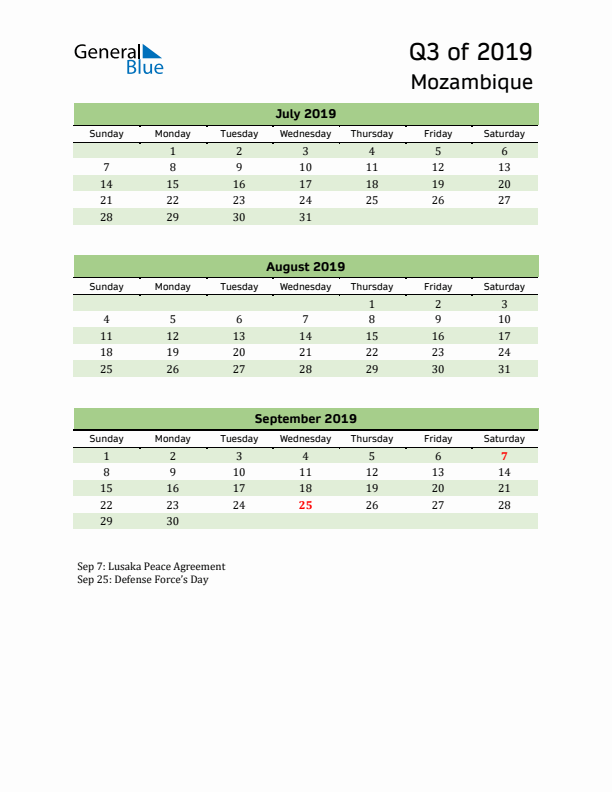 Quarterly Calendar 2019 with Mozambique Holidays