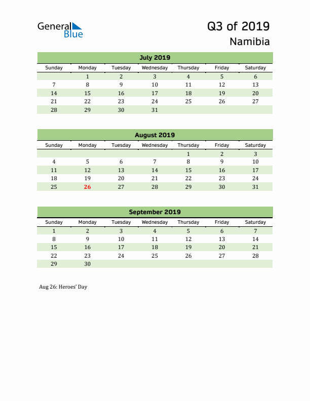 Quarterly Calendar 2019 with Namibia Holidays