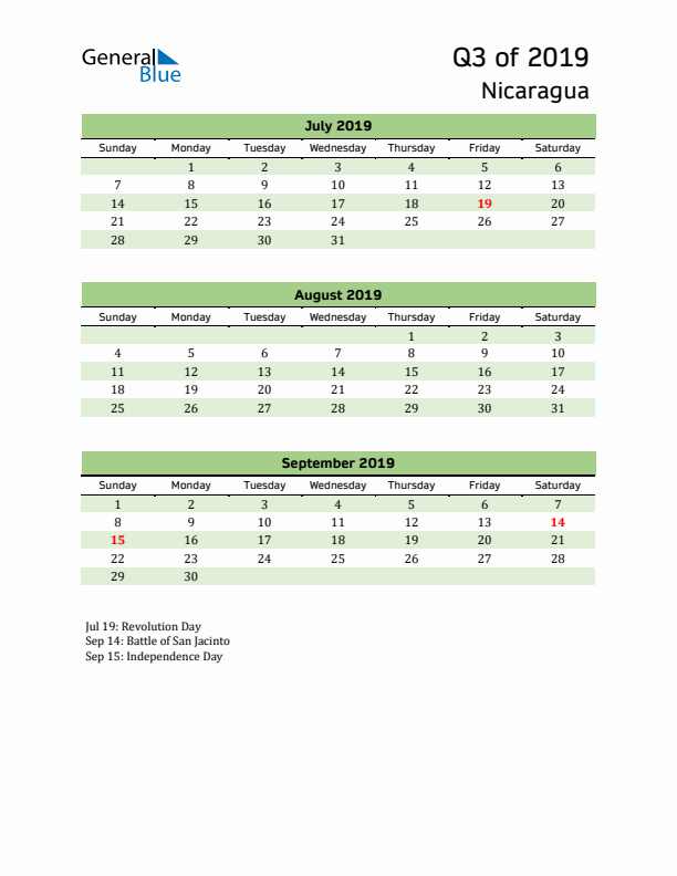 Quarterly Calendar 2019 with Nicaragua Holidays