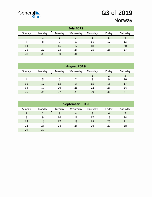 Quarterly Calendar 2019 with Norway Holidays