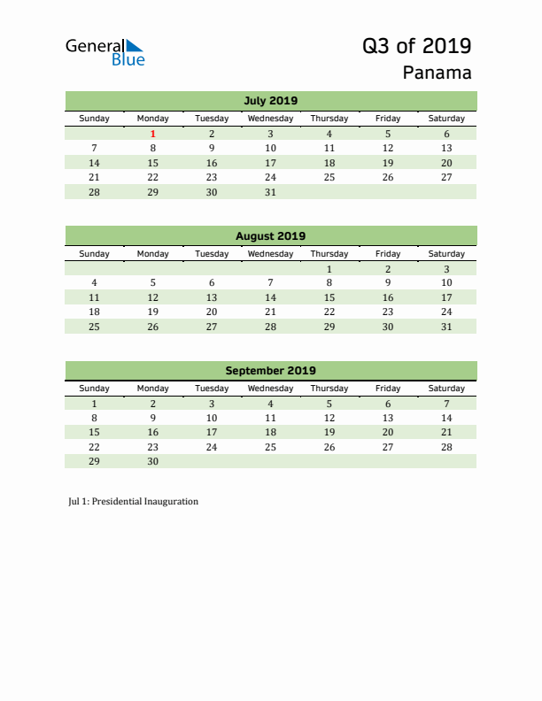 Quarterly Calendar 2019 with Panama Holidays