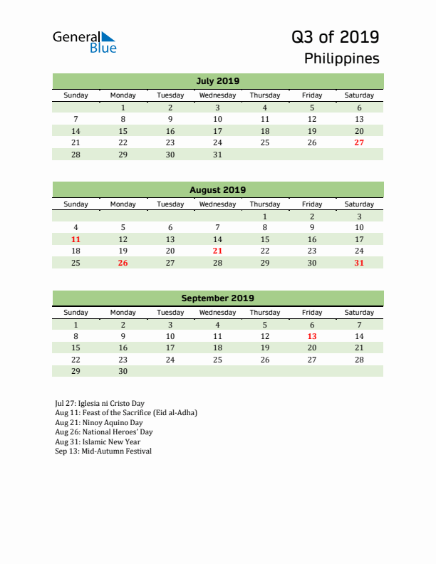 Quarterly Calendar 2019 with Philippines Holidays