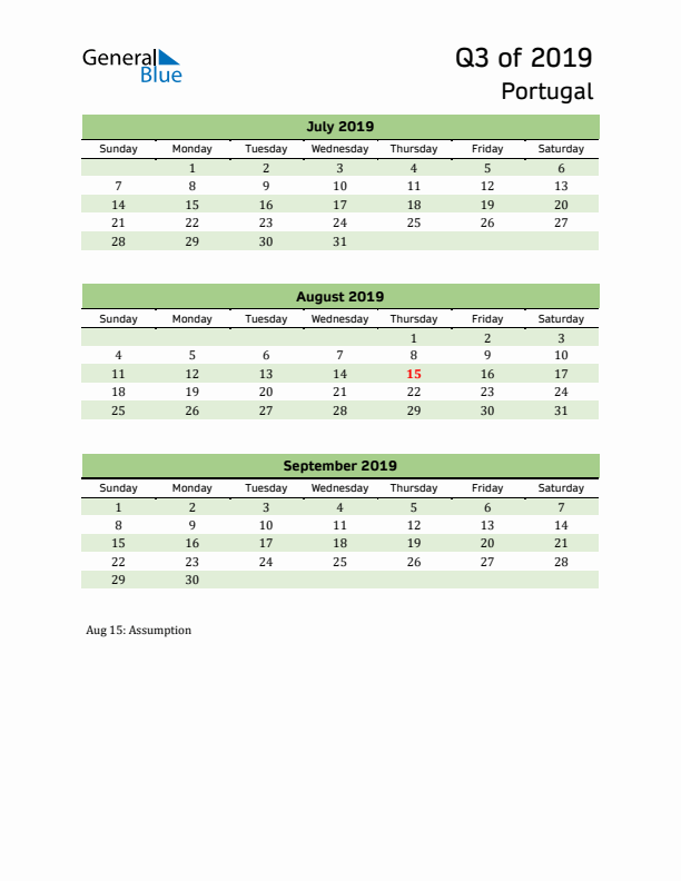 Quarterly Calendar 2019 with Portugal Holidays