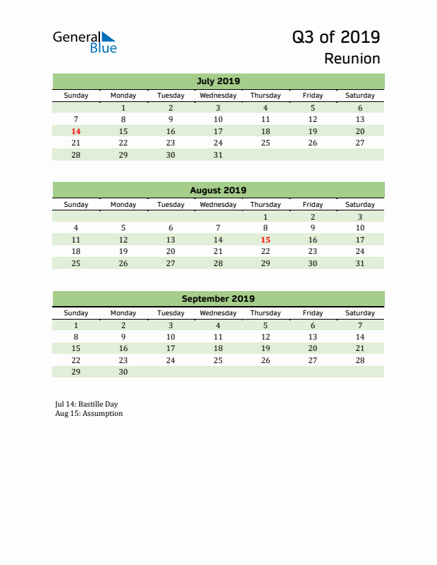 Quarterly Calendar 2019 with Reunion Holidays