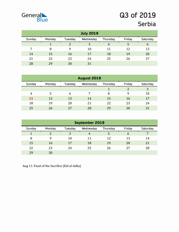 Quarterly Calendar 2019 with Serbia Holidays