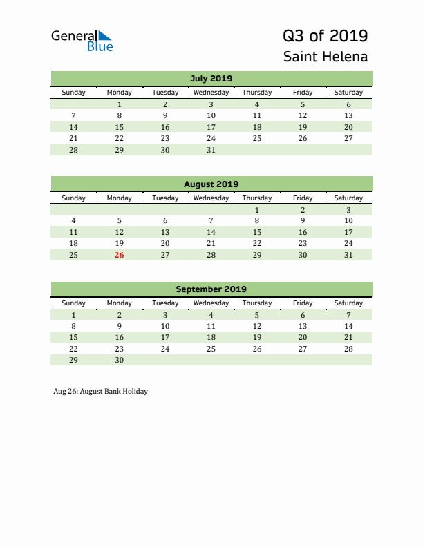 Quarterly Calendar 2019 with Saint Helena Holidays