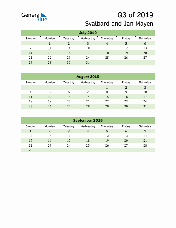 Quarterly Calendar 2019 with Svalbard and Jan Mayen Holidays