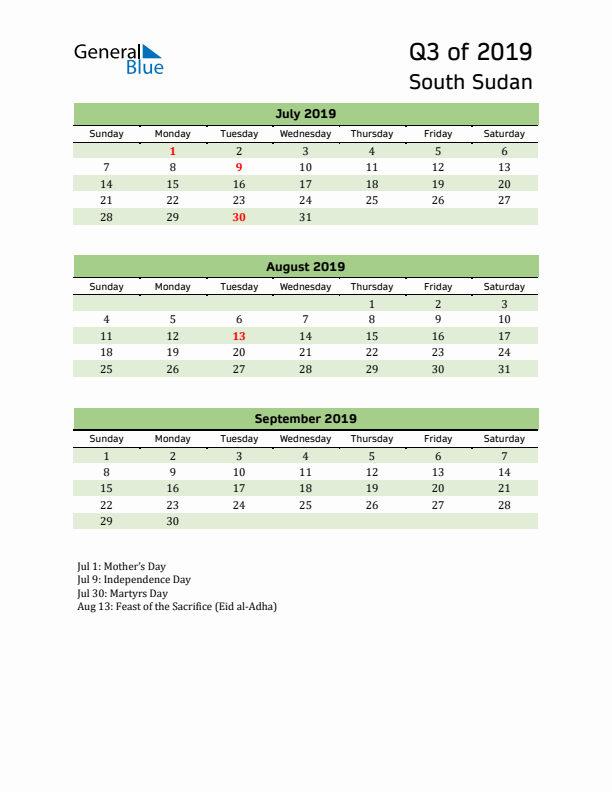 Quarterly Calendar 2019 with South Sudan Holidays