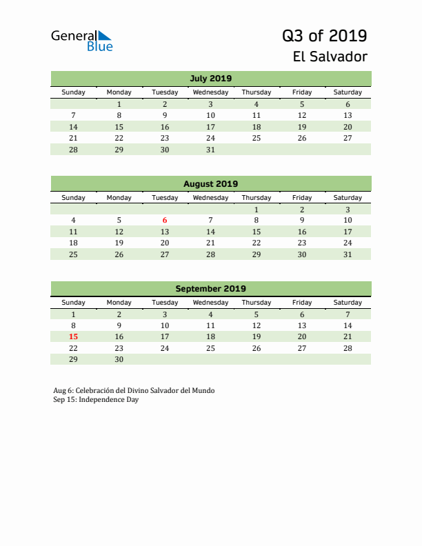 Quarterly Calendar 2019 with El Salvador Holidays