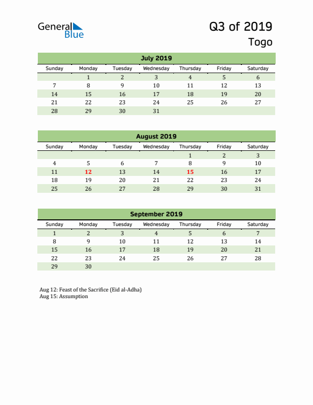 Quarterly Calendar 2019 with Togo Holidays