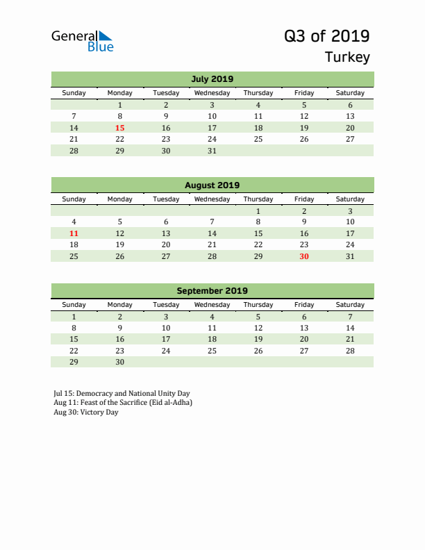 Quarterly Calendar 2019 with Turkey Holidays