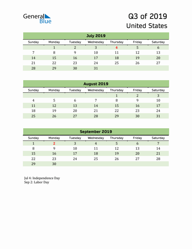 Quarterly Calendar 2019 with United States Holidays